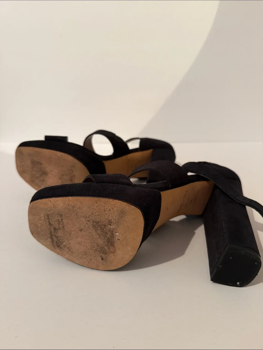 Elizabeth and James Black Suede Platform Block Heel Sandals